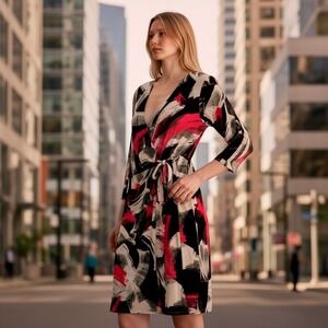 Anne Klein Womens Faux Wrap Dress Pink Black White Abstract Brushstroke 10